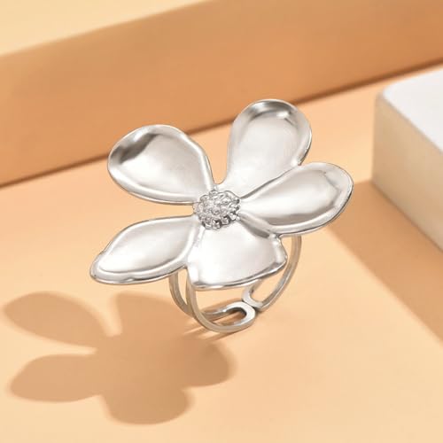 Gold Flower Ring for Women Trendy Silver Flower Statement Ring Adjustable Minimalist Rings Jewelry - color: Silver, style: Flower B