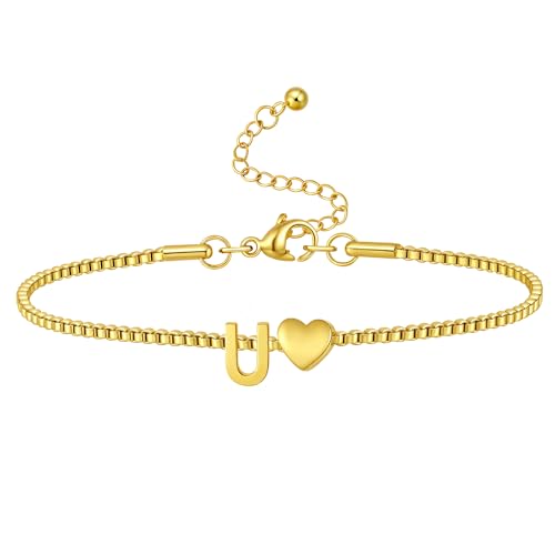 Gold Initial Bracelet for Women Dainty Personalized Name Bracelet | 14K Gold Plated, Letter A-Z Bracelet, Tiny Gold Initial Cute Heart Bracelet Jewelry Gift - color: U
