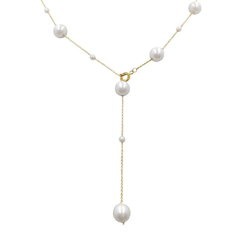 Women's Gold Tone Faux Pearl Lariat Necklace - Y-Shape Dainty Station Chain with Drop Tassel, Classy Sweater Neck Accessory for Wedding & Date