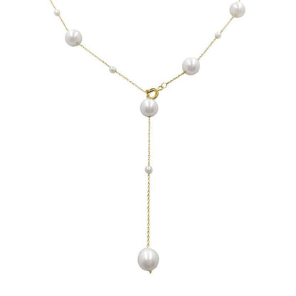 Women's Gold Tone Faux Pearl Lariat Necklace - Y-Shape Dainty Station Chain with Drop Tassel, Classy Sweater Neck Accessory for Wedding & Date