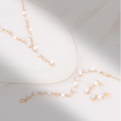 CAVETEE Jewelry Set - Prom Jewelry Crystal Bridal Necklace, Bracelet & Pendant Earring Jewelry Set for Women - style: Flower Pearl