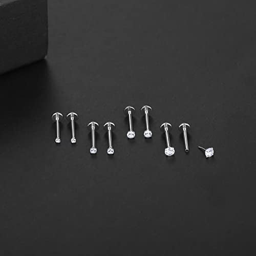 Oveta Threadless Push in Lip Rings 16G/18G/20G Labret Jewelry CZ Lip Studs Stainless Steel Cartilage Earrings for Women Monroe Medusa Piercing Jewelry 6/7/8/10/12mm Bar Length - color: Silver, size: 16G*10mm bar*1.5/2/2.5/3mm cz