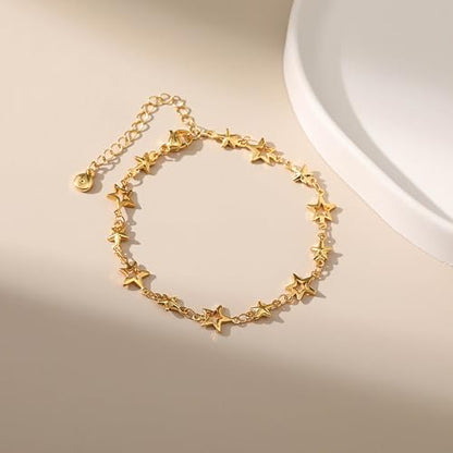 Dainty Gold Bracelets for Women, 18 Gold Plated Adjustable Evil Eye/Butterfly/Beaded/Pearl/Heart/Turquoise Handmade Bracelet for Women - style: Star