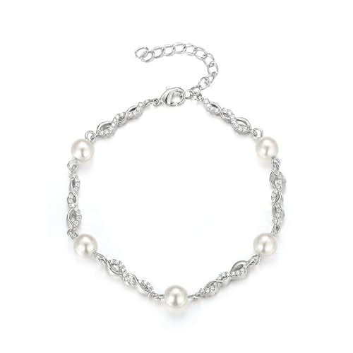 EVER FAITH Gorgeous Cubic Zirconia Pearl Wedding Link Bracelet for Bride | Marquise Teardrop Crystal Bridal Prom Jewelry, for Women Bridesmaids - style: Infinity_Clear Silver-Tone