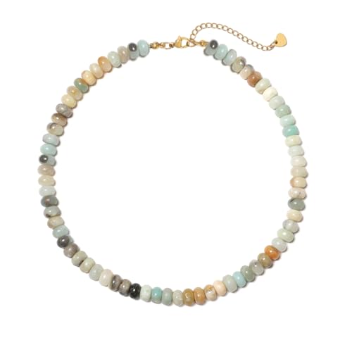 Beaded Necklace for Women,Natural Gemstone Necklace for Women,Colorful Bead Choker Necklace Handmade Surfer Beach Necklace Trendy Jewelry Gift for Women - style: 5x8MM Amazonite