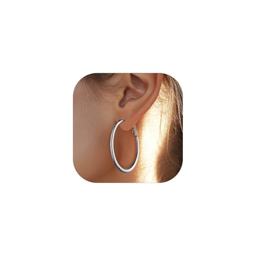 FOCALOOK 14K Gold Plated Lightweight Large Hoops| 2mm Thin Hoop Earrings for Women 30/40/50/70/100mm - color: 01.Silver, size: 40mm