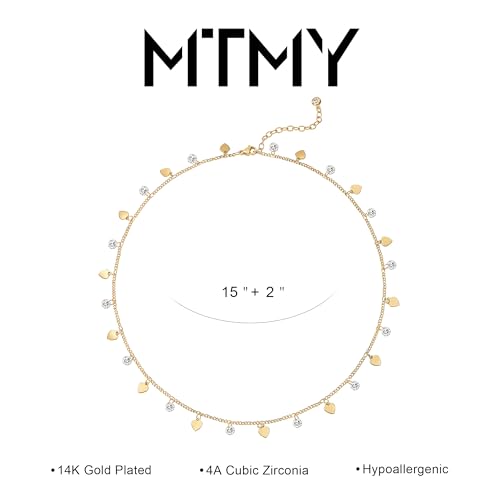 MTMY Gold Choker Necklace for Women, 14K Gold Plated Dainty Cubic Zirconia Cross Heart Shell Teardrop Charm Station Necklaces Trendy Summer Jewelry Gift - style: Heart