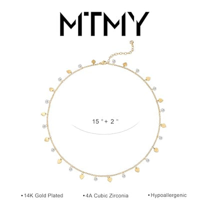 MTMY Gold Choker Necklace for Women, 14K Gold Plated Dainty Cubic Zirconia Cross Heart Shell Teardrop Charm Station Necklaces Trendy Summer Jewelry Gift - style: Heart