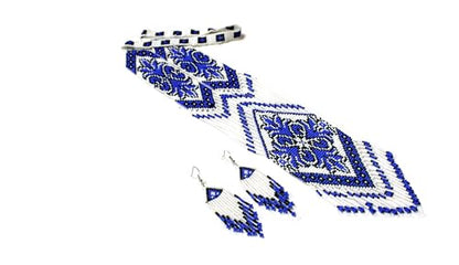 Long Beaded Necklace – Boho Native Handmade Seed Bead Tassel Necklace, Bohemian Large Statement Beaded Necklace for Women - color: White-Blue