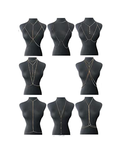 4-8Pcs Sexy Body Chain Belly Waist Chain Necklace Summer Beach Bikini Bra Body Jewelry for Women Gold Tone - style: E:8Pcs, Gold Tone