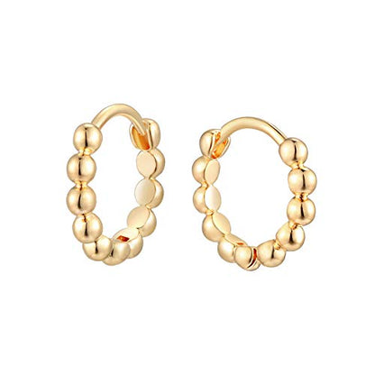 Huggie Hoop Earrings 14K Gold Plated Cubic Zirconia Dainty Simple Cute Beads Elegant CZ Circle Small Hoop Earring for Women Minimalist Handmade Hypoallergenic Jewelry - color: Beaded
