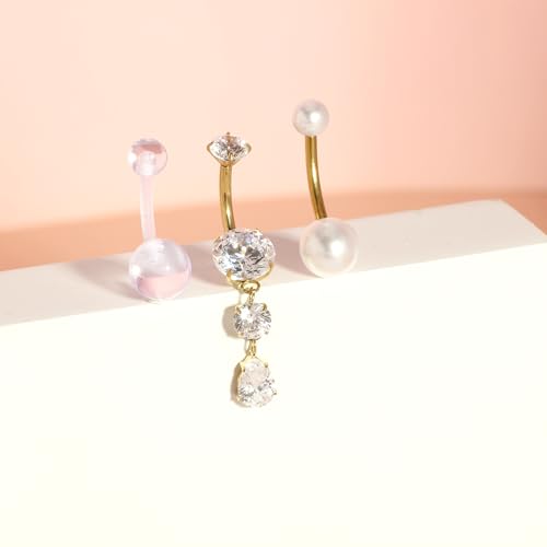 TIANCI FBYJS 3pcs G23 Titanium Pink Belly Button Rings Internally Threaded 10mm Clicker Reverse Curved Hoop Navel Barbell Piercing Jewelry CZ Belly Rings for Women Men - color: gold set4