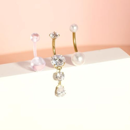 TIANCI FBYJS 3pcs G23 Titanium Pink Belly Button Rings Internally Threaded 10mm Clicker Reverse Curved Hoop Navel Barbell Piercing Jewelry CZ Belly Rings for Women Men - color: gold set4
