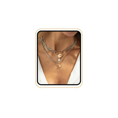 Layered Necklace for Women, Mixed Metal Chunky Stack Paperclip Link Chain Necklace with Coin Evil Eye & Star Charms Pendant Statement Layering Jewelry Gift