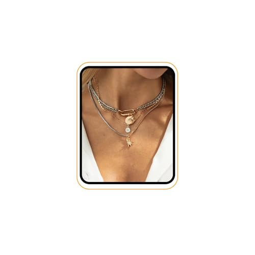 Layered Necklace for Women, Mixed Metal Chunky Stack Paperclip Link Chain Necklace with Coin Evil Eye & Star Charms Pendant Statement Layering Jewelry Gift