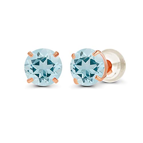 Solid 14K Yellow or White or Rose Gold 6mm Round Genuine Birthstone Gemstone Prong Set Stud Earrings For Women - color: Aquamarine