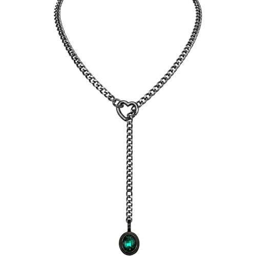Heart Slip Chain Necklace for Women, Cuban Chain with Removable Heart O-Ring and Crystal Pendant, Adjustable Y Lariat Necklace - color: Black-Green-27