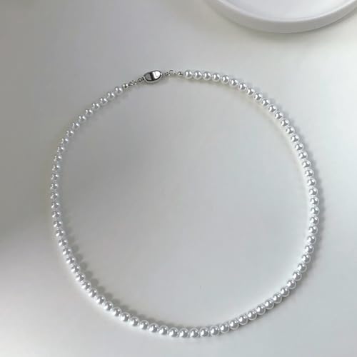 Zeffy Pearl Necklace 4MM/6MM/8MM Dainty Round Imitation Pearl Choker Necklace Wedding Pearl Necklace Delicate Jewelry for Women Simple Bridesmaid Jewelry Gifts - style: 6mm Silver Pearl Necklace(18"+2")