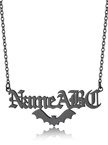 GoldChic JEWELRY Name Necklace Personalized for Men, Womens Custom Name Plate Chain, Stainless Steel Customized Old English Nameplate Choker with Curb Chains Custom, 16 inches to 30 inches - color: Rolo Chain(1.8 mm)&Bat-Black