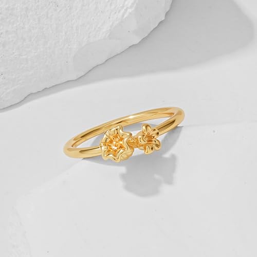 Birth Flower Stacking Ring for Women | 14K Gold Plated Brass, 12 Engraved Floral Motifs, Slim Stack-Ready Band, Available in US Sizes 5-9 - style: May.-Lily