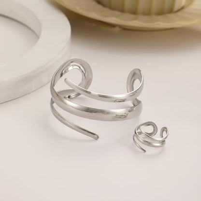 Chunky Gold Bangle Bracelet Ring Set for Women Chunky Wide Cuff Bracelets Trendy Geometric Open Statement Bracelet Ring Set Dainty Minimalist Jewelry - color: Silver