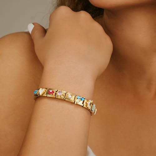 Stainless Steel Italian Charm Bracelet, 18 Link Starter Bracelet 9mm Charms | Italian Charm Bracelet with 9Pcs/20Pcs Charms and Opening Tools, Classic 9mm Modular Charm, Personalized Jewelry Gift - color: E-Gold