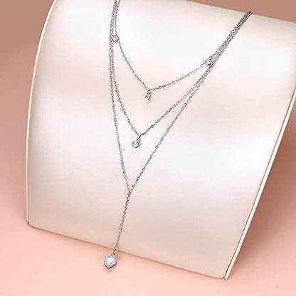 Sterling Silver Dainty Bead Layered Long Lariat Choker Necklaces for Women Boho - style: Heart Layered Necklace