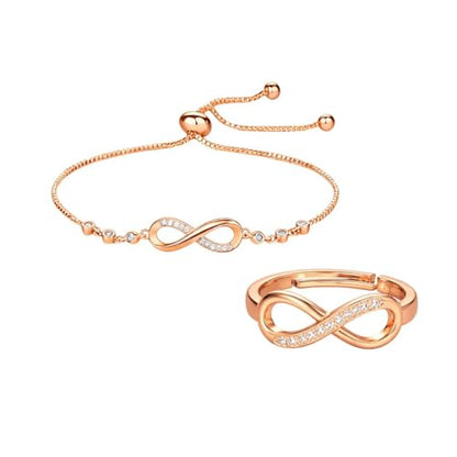 Nilu's Collection Infinity Shape Cubic Zirconia Diamond Bracelet for Women, Jewelry for Gift, Adjustable Charm Bracelet (Rose Gold Necklace + Bracelet) - color: Rose Gold Bracelet +Ring
