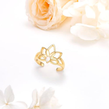 Alphm 925 Sterling Silver Toe Ring for Women Adjustable Open Toe Ring Foot Jewelry Gift - color: Gold Plated-Lotus