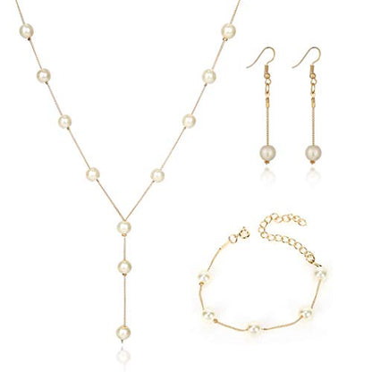 Bridal Necklace Earring and Bracelet Set Faux Pearl Jewelry Set for Women Wedding Bridal Jewelry (Gold)