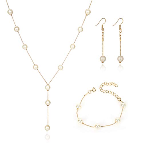Bridal Necklace Earring and Bracelet Set Faux Pearl Jewelry Set for Women Wedding Bridal Jewelry (Gold)