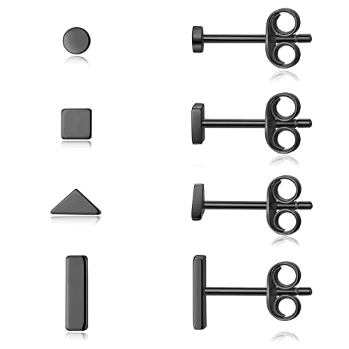 EPIRORA Sterling Silver Stud Earrings for Women Men- 4 Pairs of Hypoallergenic Simple Geometric Small Stud Earring Set Tiny Circle Triangle Square Bar Stud Earrings Mini Cartilage Tragus Earrings - style: Style 1- Black Gold