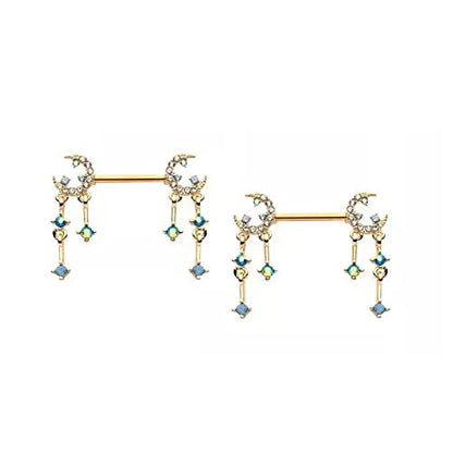 Pierced Owl 14GA 316L Stainless Steel Gemmed Crescent Moon and Star with Dangling Charms Nipple Barbells, Sold as a Pair - style: Gold Tone