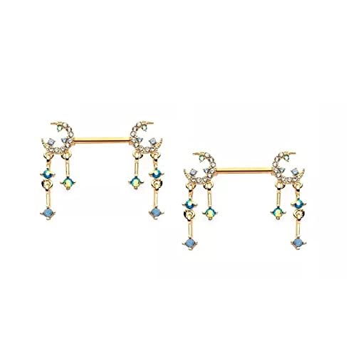 Pierced Owl 14GA 316L Stainless Steel Gemmed Crescent Moon and Star with Dangling Charms Nipple Barbells, Sold as a Pair - style: Gold Tone