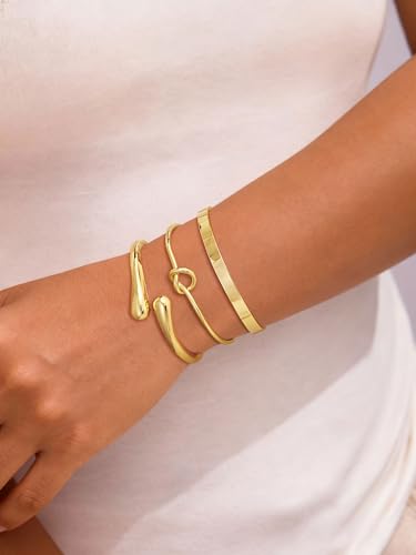 14K Gold Plated Stackable Bangle Bracelets for Women | Dainty Cuff Bracelets, Stackable for Women, Waterproof Bracelet Stack, Gold Jewelry Gifts Trendy Adjustable Accessories - color: 3-layer-D-Gold