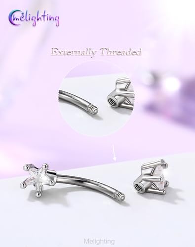 Melighting 16G Gold Star Rook Piercing Bar, 6/8 mm Rook Earring with Clear CZ, 316L Stainless Steel Stylish Eyebrow Lobe Piercing Jewellery for Daily Wear Women - color: Steel, size: 16G6mm