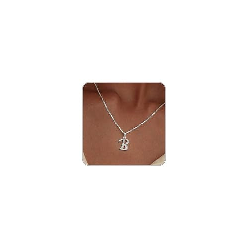 Initial Necklace for Women, 14K Gold Silver Plated Box Chain Letter Pendant, Trendy Name Necklace, Dainty Personalized Charm Jewelry Gift for Her - color: Silver, style: B