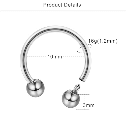 Lcolyoli 16g Septum Rings Internally Threaded Surgical Steel Septum Jewelry Lip Rings Hoop Labret Jewelry Horseshoe Earrings Daith Piercing Jewelry for Women Men - color: 16g,silvertone+black