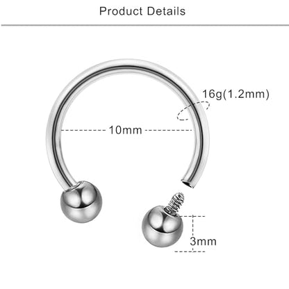 Lcolyoli 16g Septum Rings Internally Threaded Surgical Steel Septum Jewelry Lip Rings Hoop Labret Jewelry Horseshoe Earrings Daith Piercing Jewelry for Women Men - color: 16g,silvertone+black