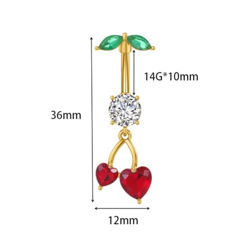 Cute 316L Surgical Steel CZ Cherry Dangle Belly Button Ring 14G Crystal Cherry Belly Navel Rings Navel Curved Barbell Dangling Body Piercing Jewelry 3/8 Inch - color: Silver