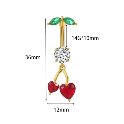 Cute 316L Surgical Steel CZ Cherry Dangle Belly Button Ring 14G Crystal Cherry Belly Navel Rings Navel Curved Barbell Dangling Body Piercing Jewelry 3/8 Inch - color: Gold