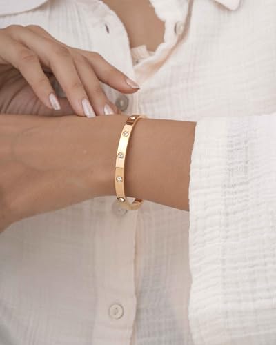 Gold Crystal Hinged Bangle Bracelet for Women – Stainless Steel Bezel Set Cubic Zirconia – Hypoallergenic Waterproof – Minimalist Stackable Jewelry – Gift for Her Backend: crystal hinged bangle gold cuff bezel cubic zirconia stackable bangle minimalist pu