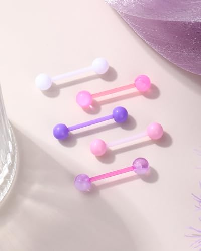 Jewseen 5PCS Tongue Barbells 14G Acrylic tongue piercing jewelry Candy Color tounge bars tongue piercing jewelry tongue rings for women - color: Purple