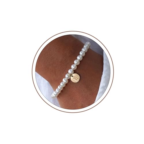 Pearl Initial Bracelet for Women | Gifts for Kids Teen Girls, Dainty Letter Pearl Bracelets for Women, Bridesmaid Proposal Wedding Bride Bridal Shower Gift - color: E-Gold