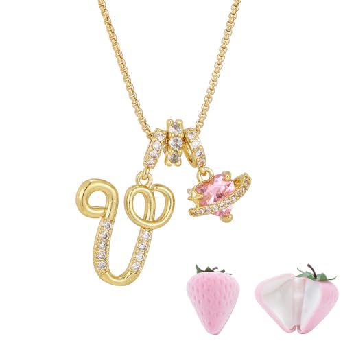Initial Letter Necklace with Pink Heart Charm, Sparkling Zircon Alphabet Pendant in Gold or Silver Tone, Sweet Style Jewelry with Gift Box, Letter Chain for Daily Wear and Gift - color: Gold+Pink Box, size: #V