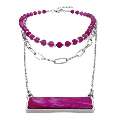 Layered Stone Necklace, Triple Strand Beaded Choker with Paperclip Chain, Boho Western Fashion Jewelry - color: Pink