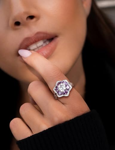 Flower Engagement Promise Ring Sterling Silver Birthstone Rings for Women Sapphire/Emerald/Ruby Gemstone Six Leaf Clover Statement Cocktail Ring Size 6 to 10 - style: 02. February-Created Amethyst