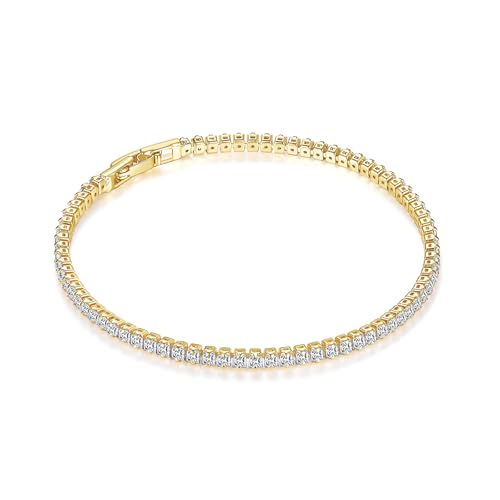 MINDDHA 14K Gold/White Gold Plated Cubic Zirconia Tennis Bracelet | Silver, Gold Bracelet for Women | Rectangle, Square, Round Shape CZ Stone | Width 2.5-4mm | Size 6-8 Inch - color: 2.5mm Priness Cut Yellow Gold, size: 6 Inch