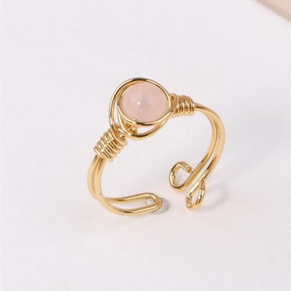 Chakra Crystal Ring Adjustable Gemstone Rings Wire Wrapped Irregular Crystal Ring Gemstone Carnelian Rose Quartz Amethyst Evil Eye Tiger Eyes Crystal Ring for Women - color: Pink