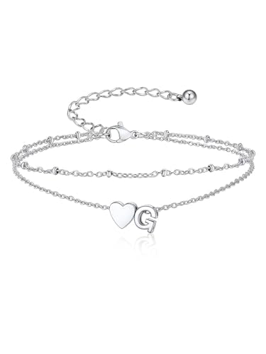 Suplight Initial Ankle Bracelets for Women 14K Gold Plate Waterproof No Tarnish Anklets Layered Heart Letter Anklet Adjustable Plus Size Foot Chain Summer Beach Boho Jewelry Silver Black 8.5-10 Inch - color: Silver, style: 7.G